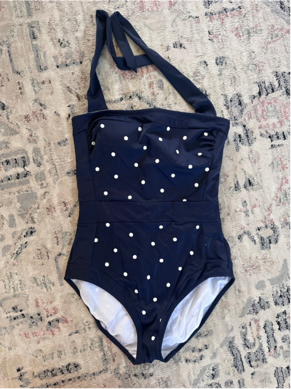 Boden Navy White Polka Dot Halter One Piece Swimsuit Size 10